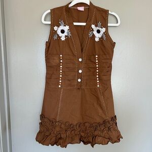 Vintage Brown Sleeveless Mini Dress with Floral Details